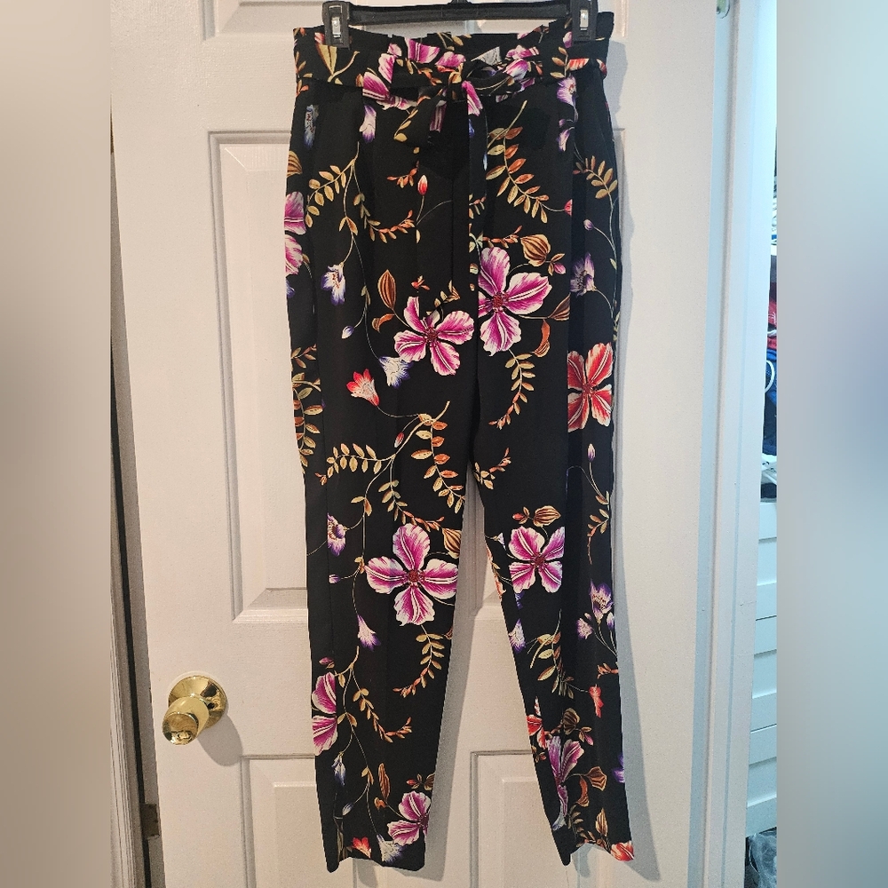 Express Black Floral Paperbag Pants with Orange-Gold Leaf Detail